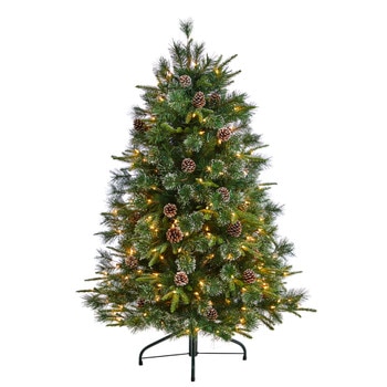 5 Snowed Tipped Clermont Mixed Pine Tree with 250 Clear Lights Pine Cones and 858 Branches - SKU #T3043