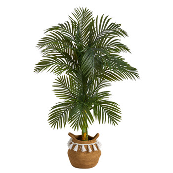 5 Artificial Double Stalk Golden Cane Palm Tree with Handmade Woven Cotton Basket - SKU #T3081