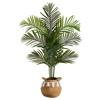 4 Artificial Paradise Palm Tree with Handmade Jute Cotton Basket with Tassels - SKU #T3114