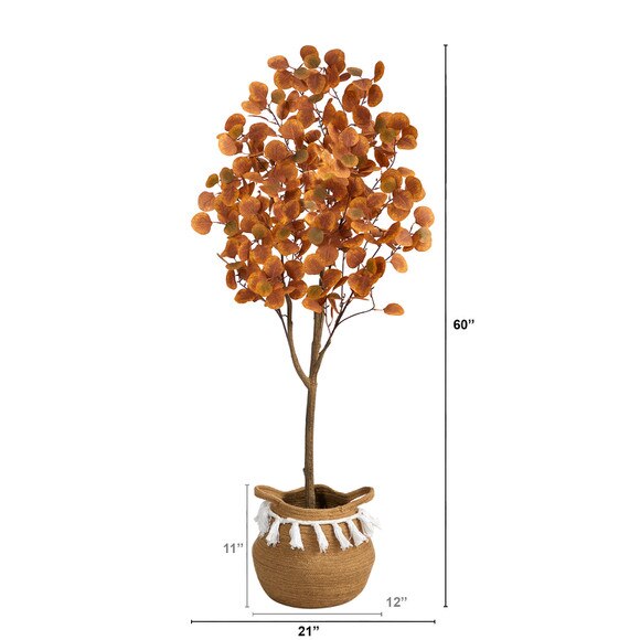 5 Artificial Autumn Eucalyptus Tree with Handmade Jute Cotton Basket with Tassels - SKU #T3207 - 1