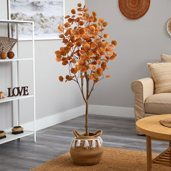 5 Artificial Autumn Eucalyptus Tree with Handmade Jute Cotton Basket with Tassels - SKU #T3207 - 2