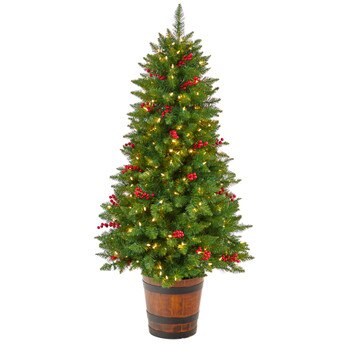 5 Colorado Aspen Pre-Lit Porch Tree with 200 LED lights and Berries in Decorative Planter - SKU #T3280