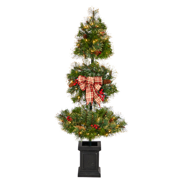 4 Topiary Tree with Decorative Ribbon Berries 70 Clear LED Lights and 109 Branches in Planter - SKU #T3285