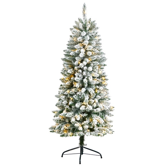 5 Slim Flocked Montreal Fir Christmas Tree with 150 Warm White LED Lights and 491 Bendable Branches - SKU #T3309