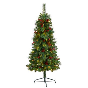 5 Flat Back Montreal Mountain Pine Tree with Pinecones Berries and 110 Warm White LED Lights - SKU #T3317