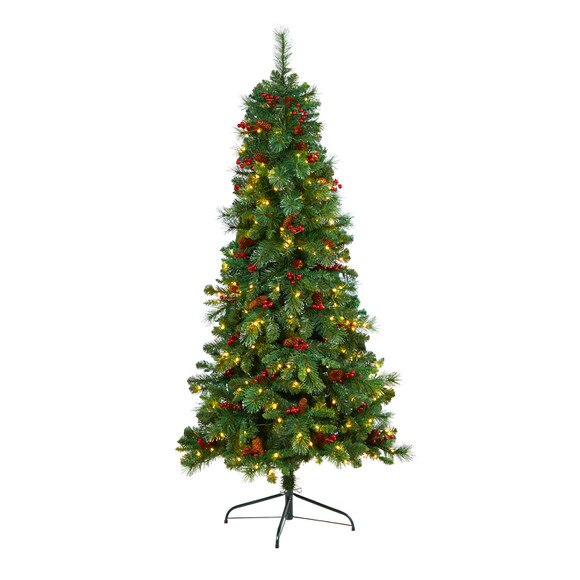 6 Flat Back Montreal Mountain Pine Tree with Pinecones Berries and 150 Warm White LED Lights - SKU #T3318