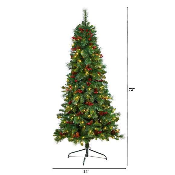 6 Flat Back Montreal Mountain Pine Tree with Pinecones Berries and 150 Warm White LED Lights - SKU #T3318 - 1