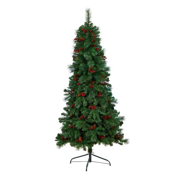 6 Flat Back Montreal Mountain Pine Tree with Pinecones Berries and 150 Warm White LED Lights - SKU #T3318 - 2
