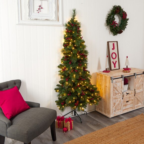 6 Flat Back Montreal Mountain Pine Tree with Pinecones Berries and 150 Warm White LED Lights - SKU #T3318 - 8