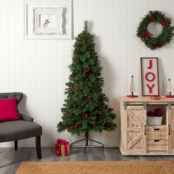 6 Flat Back Montreal Mountain Pine Tree with Pinecones Berries and 150 Warm White LED Lights - SKU #T3318 - 11