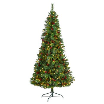 7 Flat Back Montreal Mountain Pine Tree with Pinecones Berries and 210 Warm White LED Lights - SKU #T3319