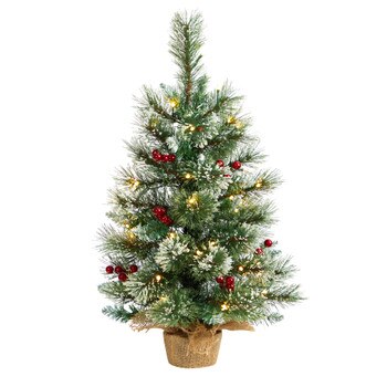 2 Snow Tipped Pine and Berry Artificial Christmas Tree with 35 Warm White LED Lights in Burlap Base - SKU #T3326