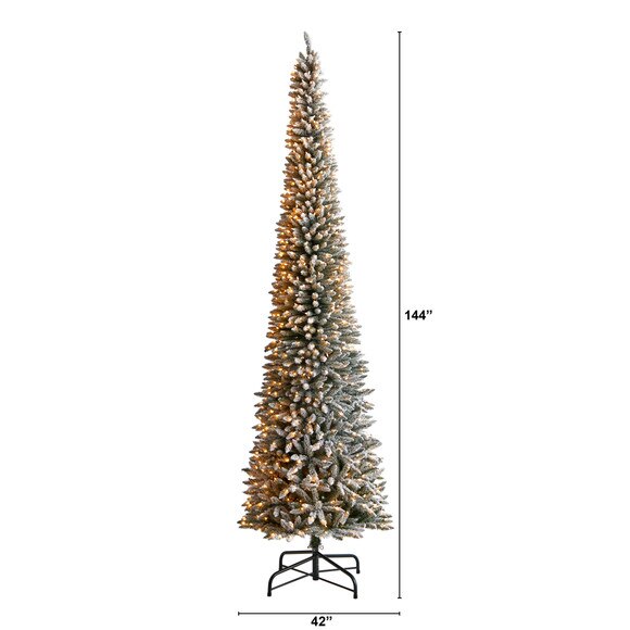 12 Flocked Pencil Artificial Christmas Tree with 1000 Clear Lights and 1819 Bendable Branches - SKU #T3333 - 1