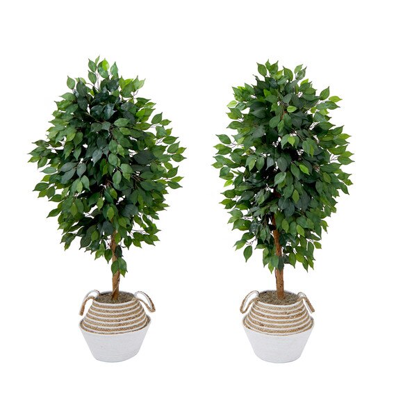 4.5 Artificial Ficus Tree with Double Trunk in a Handmade Cotton Jute Basket DIY KIT - Set of 2 - SKU #T4451-S2