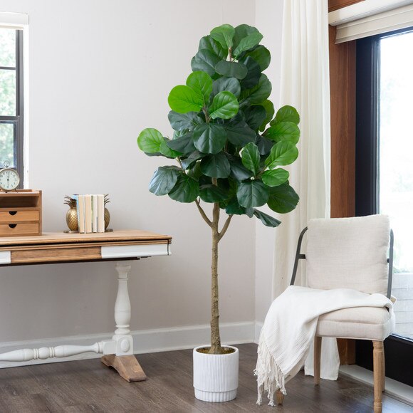 6 Artificial Fiddle Leaf Fig Tree with White Decorative Planter - SKU #T4554 - 4