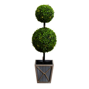 3 UV Resistant Artificial Double Ball Boxwood Topiary with LED Lights in Decorative Planter Indoo - SKU #T4652