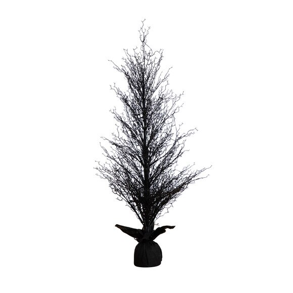 5 Pre-Lit Halloween Black Twig Artificial Fall Tree in Burlap Planter with 85 Warm White LED Lights - SKU #T4728