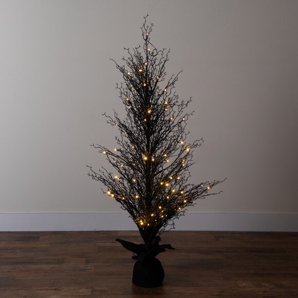 5 Pre-Lit Halloween Black Twig Artificial Fall Tree in Burlap Planter with 85 Warm White LED Lights - SKU #T4728 - 9