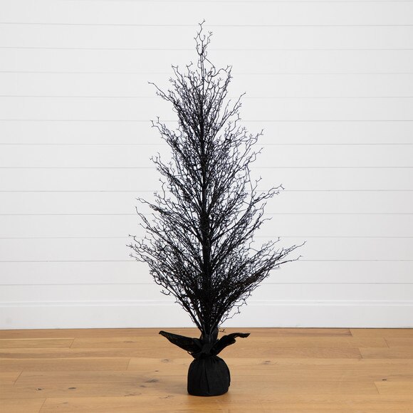 5 Pre-Lit Halloween Black Twig Artificial Fall Tree in Burlap Planter with 85 Warm White LED Lights - SKU #T4728 - 10