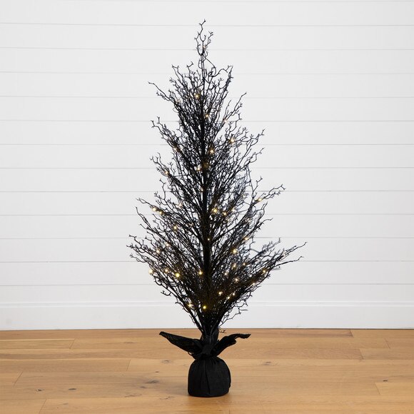 5 Pre-Lit Halloween Black Twig Artificial Fall Tree in Burlap Planter with 85 Warm White LED Lights - SKU #T4728 - 12