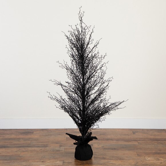 5 Pre-Lit Halloween Black Twig Artificial Fall Tree in Burlap Planter with 85 Warm White LED Lights - SKU #T4728 - 15