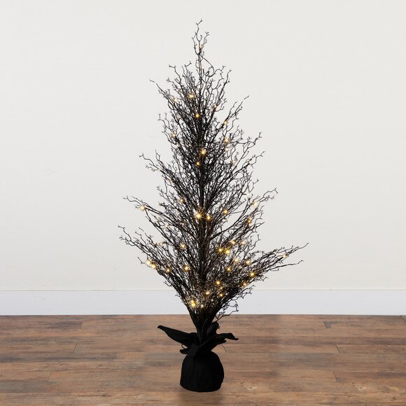 5 Pre-Lit Halloween Black Twig Artificial Fall Tree in Burlap Planter with 85 Warm White LED Lights - SKU #T4728 - 16