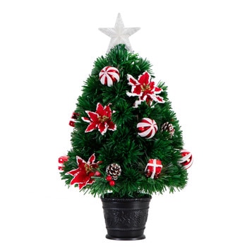 24 Pre-Lit Fiber Optic Artificial Christmas Tree with Ornaments Poinsettia and Star Topper - SKU #T4752