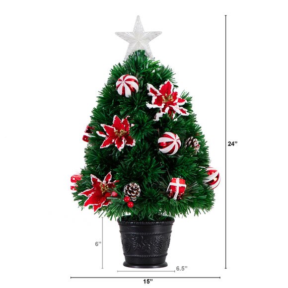 24 Pre-Lit Fiber Optic Artificial Christmas Tree with Ornaments Poinsettia and Star Topper - SKU #T4752 - 1