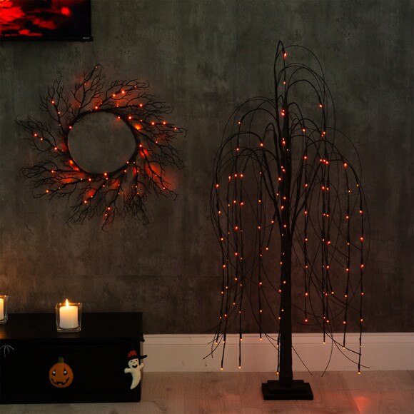 4 Pre-Lit Halloween Black Willow Artificial Fall Tree with 120 Orange Purple LED Lights - SKU #T4753 - 8