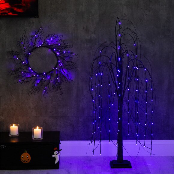 4 Pre-Lit Halloween Black Willow Artificial Fall Tree with 120 Orange Purple LED Lights - SKU #T4753 - 9