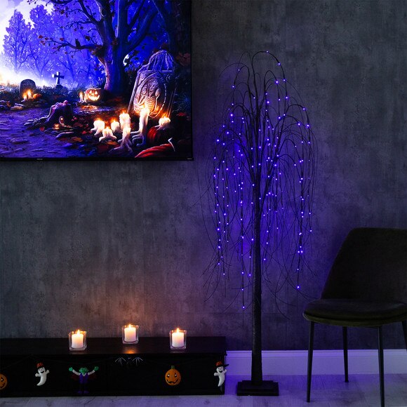 6 Pre-Lit Halloween Black Willow Artificial Fall Tree with 160 Orange Purple LED Lights - SKU #T4755 - 11