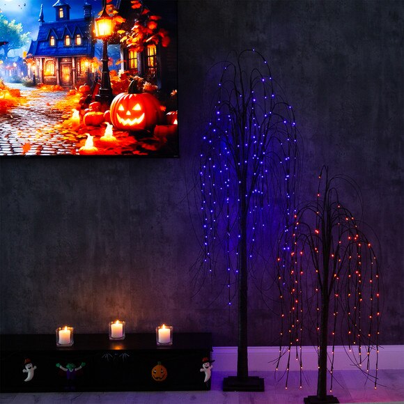 6 Pre-Lit Halloween Black Willow Artificial Fall Tree with 160 Orange Purple LED Lights - SKU #T4755 - 12