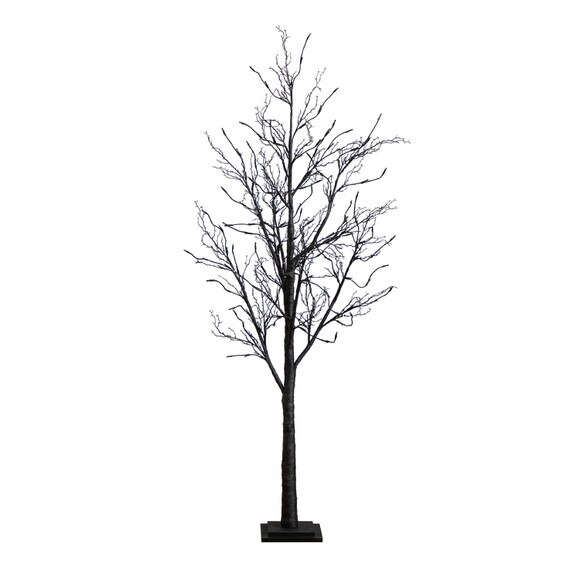 6 Pre-Lit Halloween Black Twig Artificial Fall Tree with 300 Orange Purple LED Lights - SKU #T4756