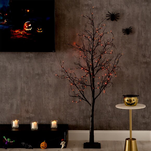 6 Pre-Lit Halloween Black Twig Artificial Fall Tree with 300 Orange Purple LED Lights - SKU #T4756 - 6