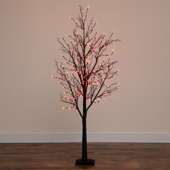 6 Pre-Lit Halloween Black Twig Artificial Fall Tree with 300 Orange Purple LED Lights - SKU #T4756 - 16