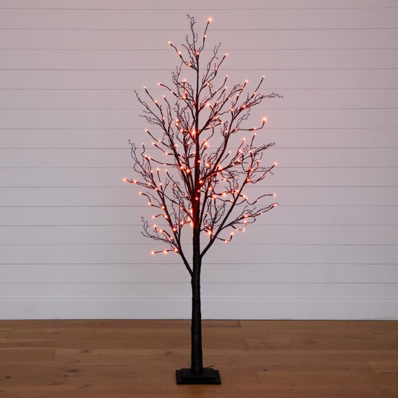 6 Pre-Lit Halloween Black Twig Artificial Fall Tree with 300 Orange Purple LED Lights - SKU #T4756 - 18