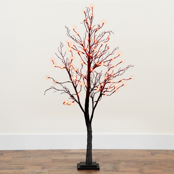 4 Pre-Lit Halloween Deluxe Black Twig Artificial Fall Tree with 81 Orange Purple LED Lights - SKU #T4757 - 18