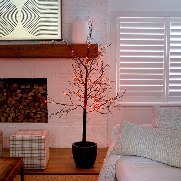 6 Pre-Lit Halloween Deluxe Black Twig Artificial Fall Tree with 156 Orange Purple LED Lights - SKU #T4759 - 7