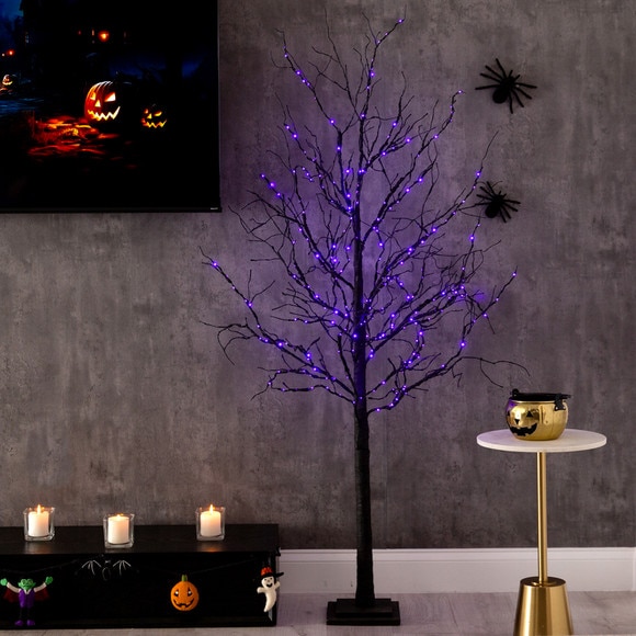 6 Pre-Lit Halloween Deluxe Black Twig Artificial Fall Tree with 156 Orange Purple LED Lights - SKU #T4759 - 8