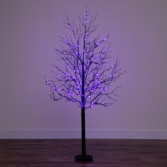 6 Pre-Lit Halloween Deluxe Black Twig Artificial Fall Tree with 156 Orange Purple LED Lights - SKU #T4759 - 9