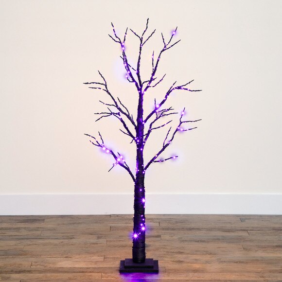 4 Pre-Lit Halloween Black Twig Artificial Fall Tree with 240 Orange Purple LED Lights - SKU #T4760 - 16