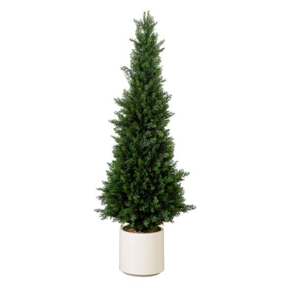 4 UV Resistant Artificial Cedar Tree in Decorative White Planter Indoor/Outdoor - SKU #T4844