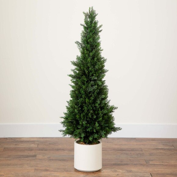 4 UV Resistant Artificial Cedar Tree in Decorative White Planter Indoor/Outdoor - SKU #T4844 - 9