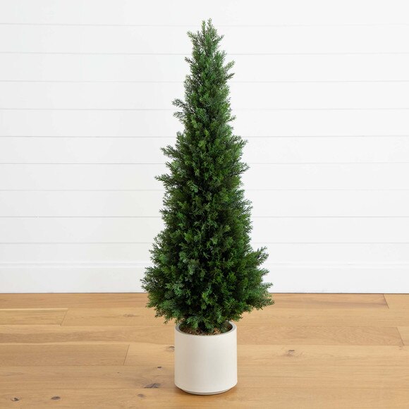 4 UV Resistant Artificial Cedar Tree in Decorative White Planter Indoor/Outdoor - SKU #T4844 - 10