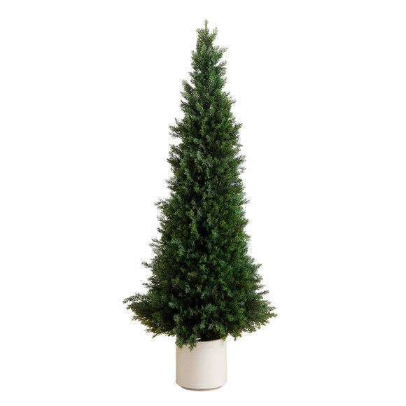 5 UV Resistant Artificial Cedar Tree in Decorative White Planter Indoor/Outdoor - SKU #T4845