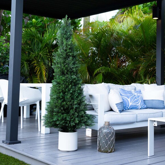 5 UV Resistant Artificial Cedar Tree in Decorative White Planter Indoor/Outdoor - SKU #T4845 - 5