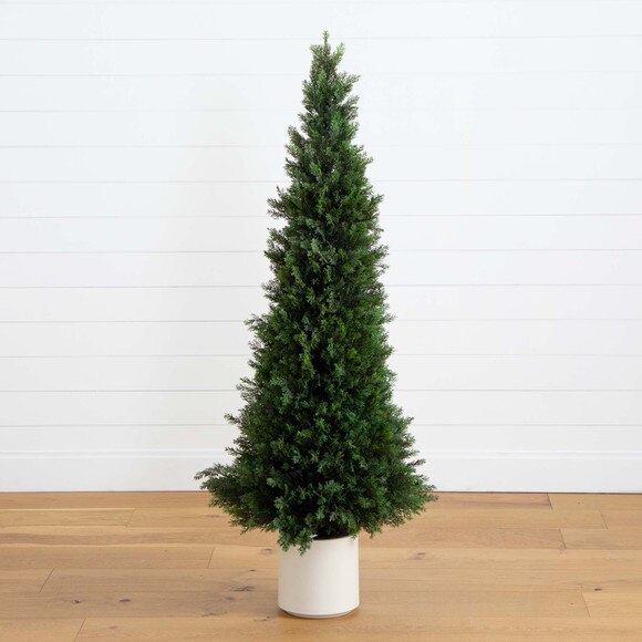 5 UV Resistant Artificial Cedar Tree in Decorative White Planter Indoor/Outdoor - SKU #T4845 - 9