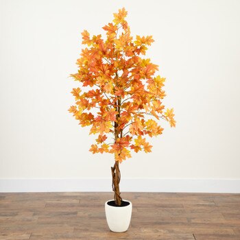 5 Artificial Fall Double Trunk Maple Autumn Tree White Planter - SKU #T4952