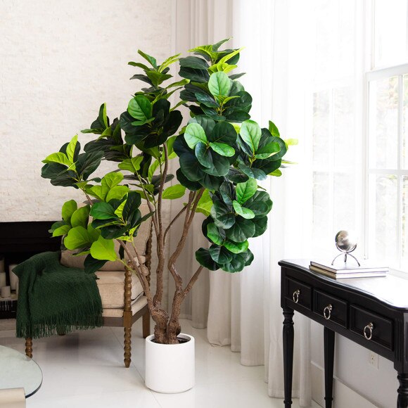 6 Artificial Grand Fiddle Leaf Tree in White Decorative Planter - SKU #T4963 - 7