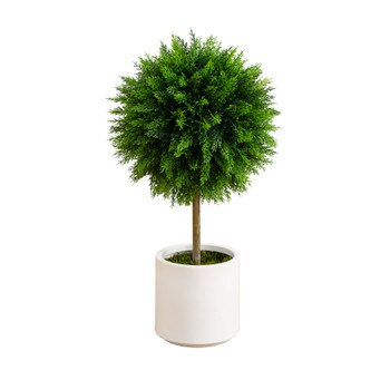 2.5 UV Resistant Artificial Cedar Ball Topiary Tree in White Decorative Planter Indoor/Outdoor - SKU #T4993